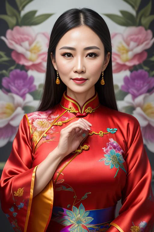 style-colour-magic, raw photo (masterpiece), (((masterpiece))), (((best quality))), ((ultra-detailed)), a portrait of a woman wearing a liquid cheongsam, (character focus) extreme detailed, highest detailed,