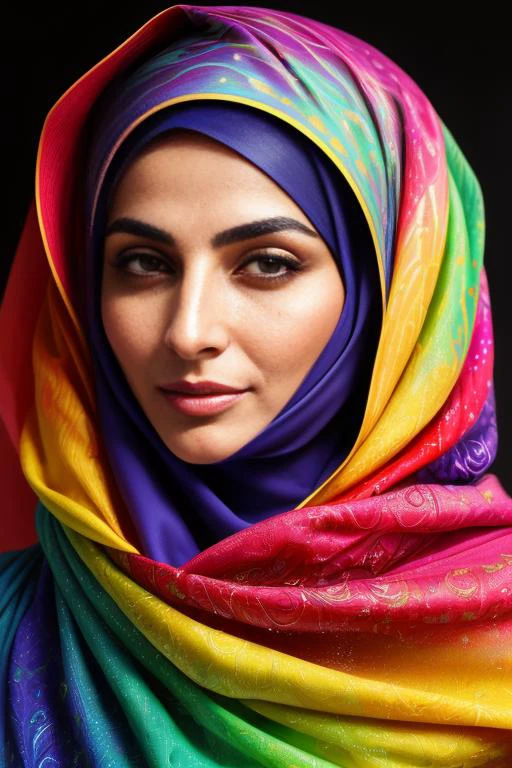 style-colour-magic, raw photo (masterpiece), (((masterpiece))), (((best quality))), ((ultra-detailed)), a portrait of a persian woman wearing a liquid hijab, (character focus) extreme detailed, highest detailed,