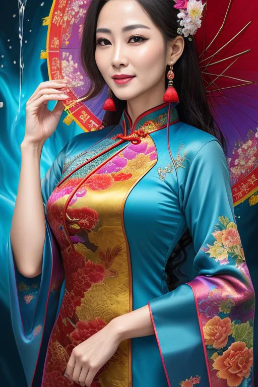 style-colour-magic, raw photo (masterpiece), (((masterpiece))), (((best quality))), ((ultra-detailed)), a portrait of a woman wearing a liquid cheongsam, (character focus) extreme detailed, highest detailed,