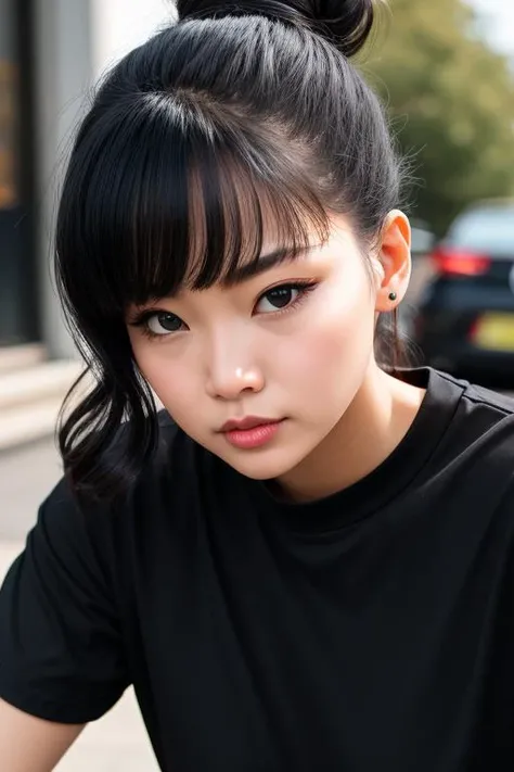 close up face black t-shirt