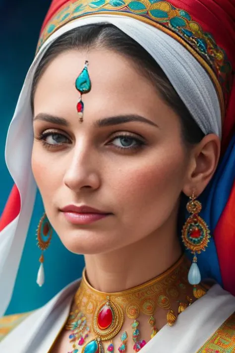 style-colour-magic, raw photo (masterpiece), (((masterpiece))), (((best quality))), ((ultra-detailed)), a portrait of a woman wearing a liquid Vyshyvanka, (character focus) extreme detailed, highest detailed,