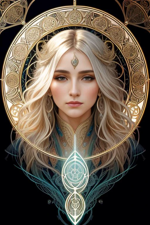 mesmerizing line-art portrait of a female wizard (elf wizard:0.3), engrossed in spellcasting, intricate lines, captivating flow, magical aura, dynamic composition, mystical energy, captivating focus, by Alphonse Mucha-inspired artist, intricate details, enchanting contrast, evocative simplicity, trending on ArtStation