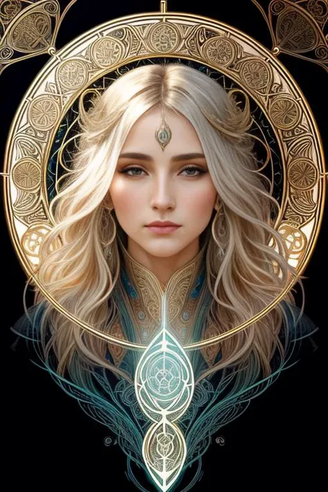 mesmerizing line-art portrait of a female wizard (elf wizard:0.3), engrossed in spellcasting, intricate lines, captivating flow, magical aura, dynamic composition, mystical energy, captivating focus, by Alphonse Mucha-inspired artist, intricate details, enchanting contrast, evocative simplicity, trending on ArtStation