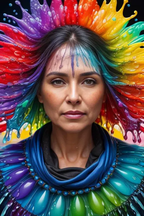 style-colour-magic, raw photo (masterpiece), (((masterpiece))), (((best quality))), ((ultra-detailed)), a portrait of a woman wearing a liquid poncho, (character focus) extreme detailed, highest detailed,