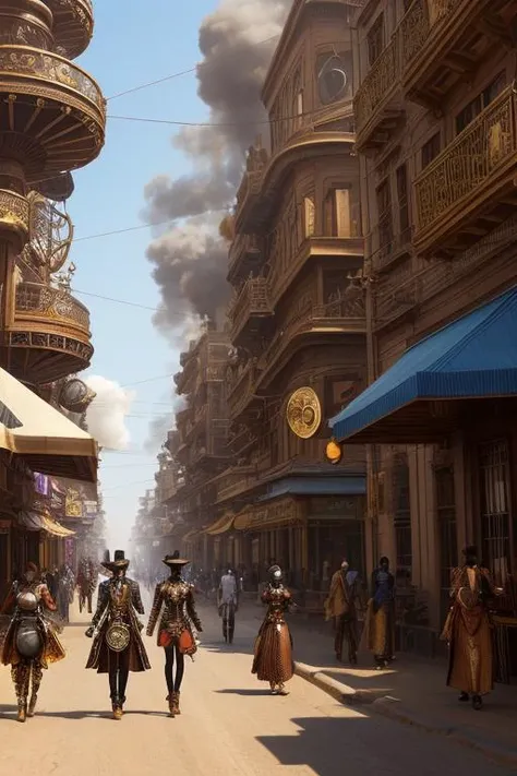 style-afro-steampunk a busy street in a futuristic city