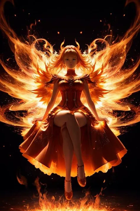 Step into a captivating scene featuring an anime girl seated on a floating platform, as vibrant fire particles ignite the air around her, creating a dazzling and dynamic atmosphere. The creative lighting style bathes her in a radiant, fiery glow, harmonizing with the swirling fire particles. Crafted with exquisite detail and rendered in breathtaking 10k high resolution, this masterpiece blends the art mediums of digital illustration, fire effects, particle simulation, and post-processing techniques. Drawing inspiration from the styles of Anime, Mystical Realism, and Contemporary Surrealism, it captures the fiery and ethereal beauty of an anime girl amidst the dancing flames, where fire particles elevate the sense of magic and wonder