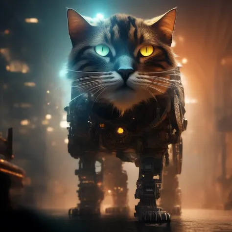 mechanical cyborg-cat, fantasy, photorealism, epic realistic, faded, ((neutral colors)), art, (hdr:1.5), (muted colors:1.2), pastel, hyperdetailed, (artstation:1.5), warm lights, dramatic light, (intricate details:1.2), vignette, complex background, rutkowski