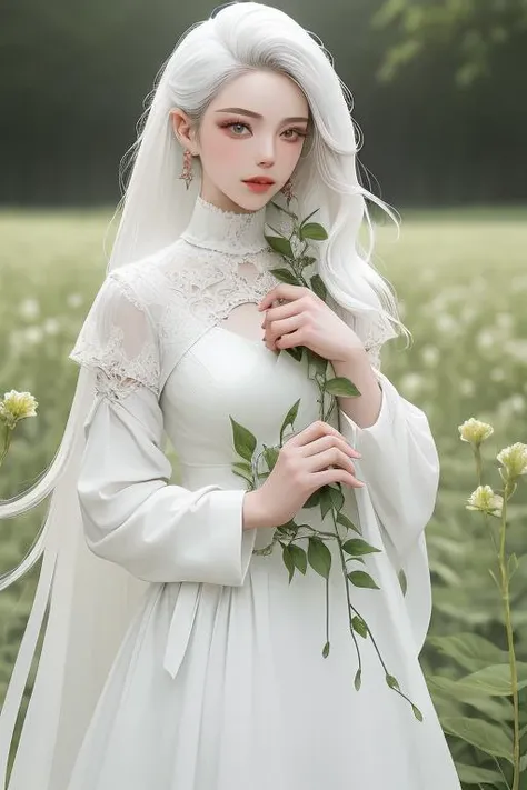 (masterpiece, best quality),1girl with long white hair standing, in a field of green plants and flowers, her hand under her chin, warm lighting, white dress, blurry foreground, <lora:Beautiful Assassin:0.7>