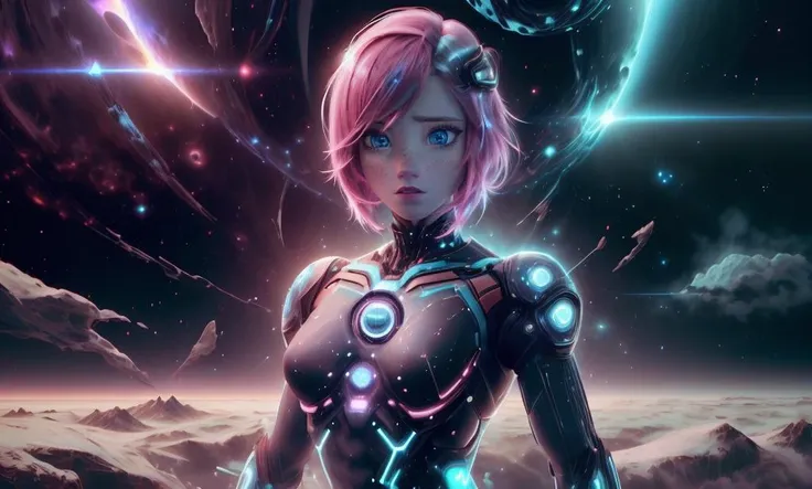 data space, holographic, bionic, cosmic, dark energy, (portrait), (adult woman), (1girl, solo), ((small breasts)), ((muscular)), abs, (hot pink hair, medium hair), (blue eyes), (sensual, seductive), freckles, detailed skin, ((landscape, eclipse)), (best quality, high detail), ((masterpiece)), <lora:Cha - Anna v2.2:1> , (anna of arendelle),