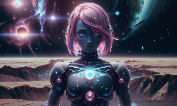 <lora:NodesTech:1> (nodestech), data space, holographic, bionic, <lora:CosmicEldritchTech:.6> (eldritchtech), cosmic, dark energy, (portrait), (adult woman), (1girl, solo), (nude, completely nude), ((small breasts)), ((muscular)), abs, (hot pink hair, medium hair), (blue eyes), (sensual, seductive), freckles, detailed skin, ((landscape, eclipse)), (best quality, high detail), ((masterpiece)), <lora:Cha - Anna v2.2:0.8> , (anna of arendelle),