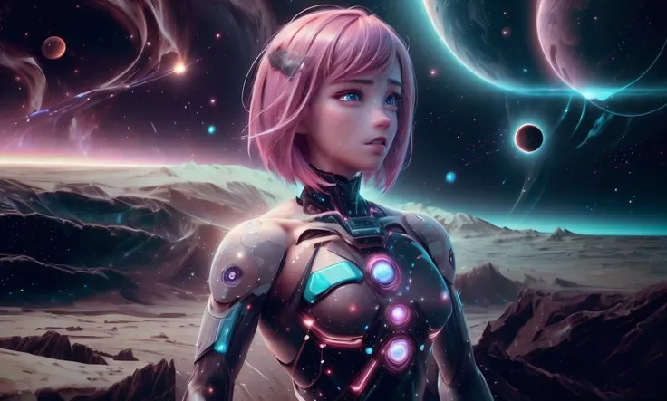 <lora:NodesTech:1> (nodestech), data space, holographic, bionic, <lora:CosmicEldritchTech:.6> (eldritchtech), cosmic, dark energy, (portrait), (adult woman), (1girl, solo), (nude, completely nude), ((small breasts)), ((muscular)), abs, (hot pink hair, medium hair), (blue eyes), (sensual, seductive), freckles, detailed skin, ((landscape, eclipse)), (best quality, high detail), ((masterpiece)), <lora:Cha - Anna v2.2:1> , (anna of arendelle),