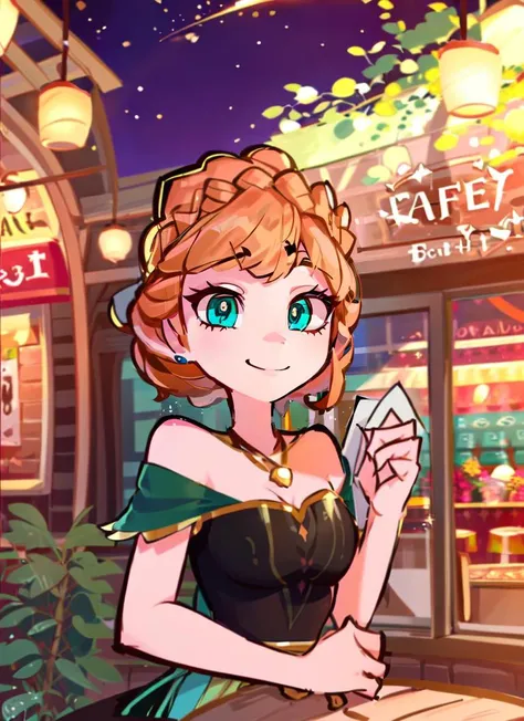 ((best quality)), ((highly detailed)), masterpiece, absurdres, (detailed eyes, deep eyes), <lora:more_details:.2>, (1girl), upper body, <lora:anna_of_arendelle_v22:1>, anna of arendelle, smiling, bare shoulder, black bodice, green skirt, necklace, updo, (outside, in a cafe, coffee, twilight, shooting star), <lora:pas style:.9>