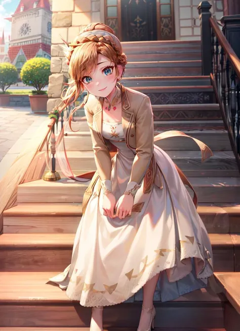 ((best quality)), ((highly detailed)), masterpiece, absurdres, (detailed eyes, deep eyes), <lora:more_details:.7>, 1girl, full body, <lora:anna_of_arendelle_v22:1>, anna of arendelle, smiling, cream jacket, cream pumps, updo, white dress, (on a stairway, midday)