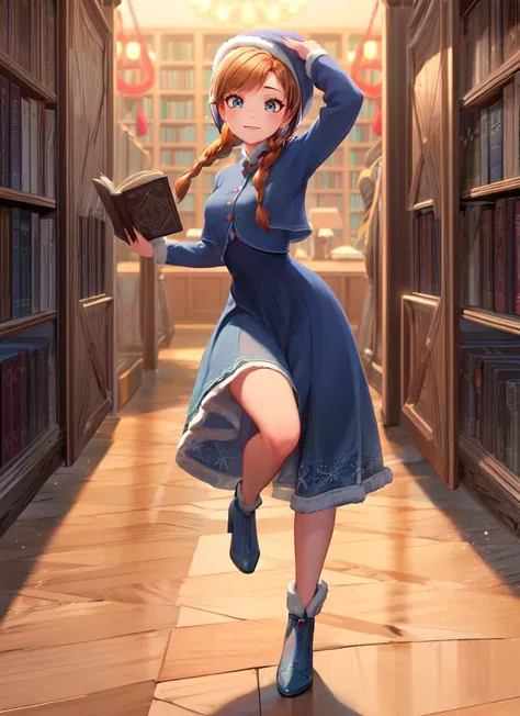 ((best quality)), ((highly detailed)), masterpiece, absurdres, detailed face, beautiful face, (detailed eyes, deep eyes), 1girl, dynamic pose, full body, <lora:hairdetailer:.8>, <lora:anna_of_arendelle_v22:1>, anna of arendelle, smiling, blue christmas dress, blue cap, twin braids, (inside, at a library, book shelves)