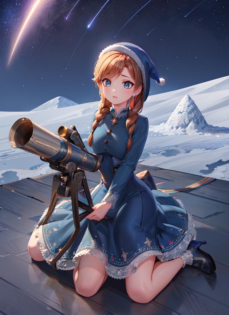 A girl sitting on the ground with a telescope in her hand - SeaArt AI