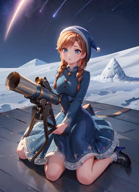 ((best quality)), ((highly detailed)), masterpiece, absurdres, (detailed eyes, deep eyes), 1girl, full body, <lora:hairdetailer:.9>, <lora:anna_of_arendelle_v22:1>, anna of arendelle, blue christmas dress, blue cap, twin braids, (stars, galaxies, space, asteroids, space ship, night, night sky, stars, crescent moon, shooting star, telescope)