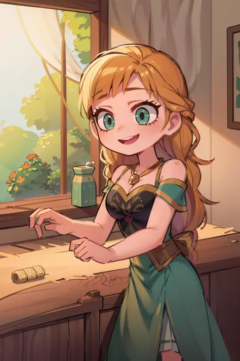 (best quality, masterpiece, absurdres),
girl anna of arendelle, smiling, braided hair, kitchen, bare shoulder,black bodice,green skirt,necklace, <lora:anna_of_arendelle_v21:1>, <lora:COOLKIDS_MERGE_V2.5:0.8>