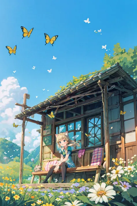 masterpiece, high quality, highres, cute, flower, long hair, cat ears, cat tail, bees, butterfly, sitting, wind, <lora:Pyramid lora_Ghibli_n3_0.7+Pyramid lora_Ghibli_v2_0.3:0.8>, high detail, tonari no totoro, totoro bus stop, <lora:add_detail:0.8>, <lora:anna_of_arendelle_v22:0.8> anna of arendelle,, <lora:GoodHands-vanilla:0.8>