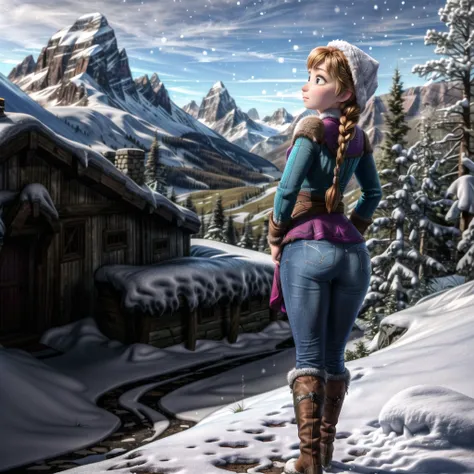highres, 8k, <lora:more_details:1.3> incredibly absurdres, 1girl, solo, huge oversized ass, full body, <lora:anna_of_arendelle_v22:0.73>, anna of arendelle, twin braids, winter mountain outfit, jeans,