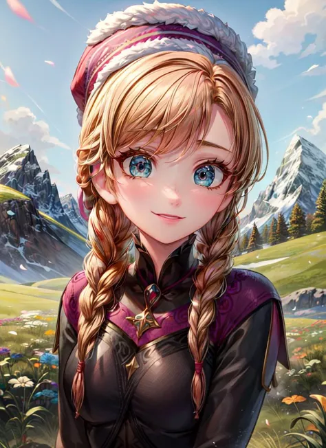 ((best quality)), ((highly detailed)), masterpiece, absurdres, extremely detailed face, beautiful face, (detailed eyes, deep eyes), <lora:more_details:.8>, 1girl, upper body, <lora:anna_of_arendelle_v22:1>, anna of arendelle, smiling, purple cap, twin braids, winter mountain outfit, (at a meadow, noon)