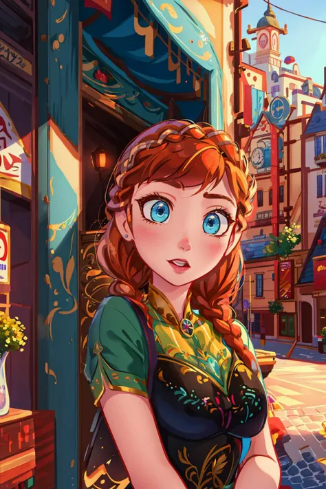 sightseeing,(look of) stores and houses on street,anna of arendelle <lora:anna_of_arendelle_v21:1>