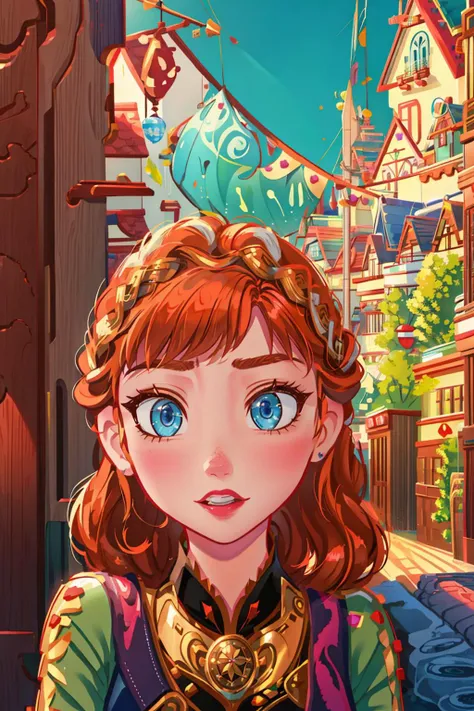 sightseeing,(look of) stores and houses on street,anna of arendelle <lora:anna_of_arendelle_v21:1>