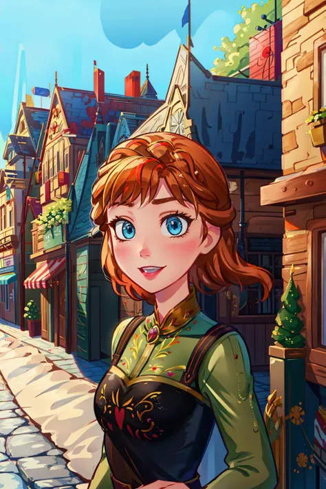 sightseeing,(look of) stores and houses on street,anna of arendelle <lora:anna_of_arendelle_v21:1>