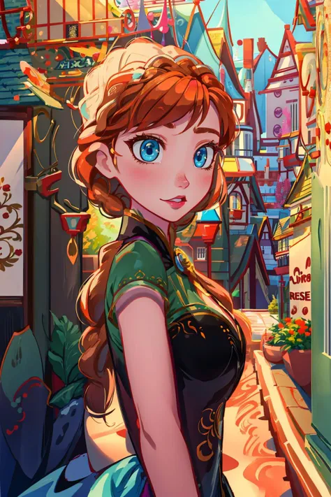 sightseeing,(look of) stores and houses on street,anna of arendelle <lora:anna_of_arendelle_v21:1>
