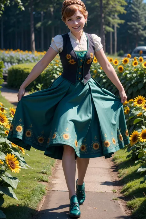 Photo of Anna of Arendelle in an updo, wearing black shoes, a blue-green skirt with a sunflower pattern, a deep blue bodice, green legwear, and a green vest. smiling.
<lora:anna_of_arendelle_v22:0.4>