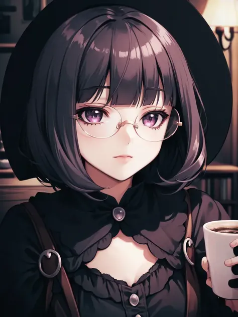 <lora:Shauntal_PK-10:0.7>, shauntal_pk, bob cut, blunt bangs, glasses, ((gothgal)), ((wearing a gothgal outfit)), 1girl++, masterpiece, best quality, good anatomy, detailed face, detailed background, cozy coffee store background, detailed dress, goth, (dim lighting:1.2), rim lighting, (lowkey:1.3)