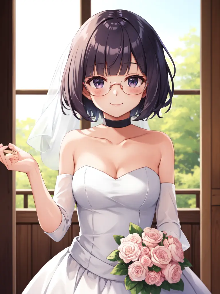 <lora:Shauntal_PK-10:0.7>, shauntal_pk, bob cut, blunt bangs, glasses, 1girl, solo, breasts, looking at viewer, blush, smile, dress, cleavage, bare shoulders, medium breasts, closed mouth, collarbone, detached sleeves, choker, white dress, strapless, strapless dress, wedding dress, bride