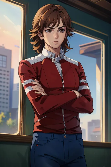 masterpiece, best quality, absurdres, beautiful,
<lora:zs_Yuji:1> yujismt, 1boy, brown hair, red jacket, jeans, brown eyes, arms crossed, solo