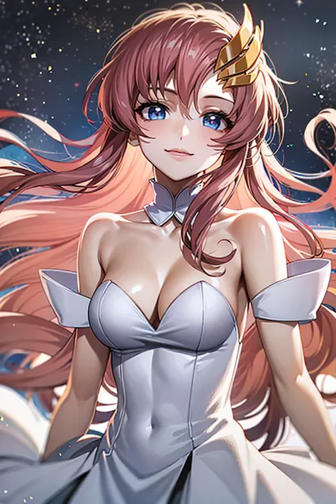 intricate detailed photo of a delicate woman with pink hair standing in space, space, stars, masterpiece, (detailed eyes, very beautiful and delicate face), medium breasts, cleavage, collarbone, bare shoulders, very long hair, dynamic hair, straight hair, hair between eyes, hair over shoulder, (golden hair ornament), white dress, detached sleeves, pink sleeves, short sleeves, sleeveless dress, strapless, strapless dress, upper body, standing <lora:lacusClyneCharacter_v11:1> <lora:cuteGirlMix4_v10:0.4>
