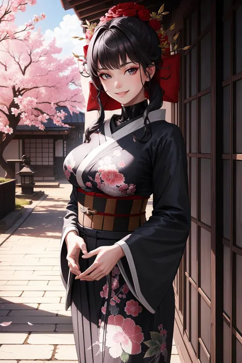 masterpiece, best quality, nikkeSakura, hair ornament, black kimono, large breasts, sash, tabi, standing, looking at viewer, own hands together, smile, japanese architecture, trees <lora:sakura-nvwls-v2-000010:0.9>