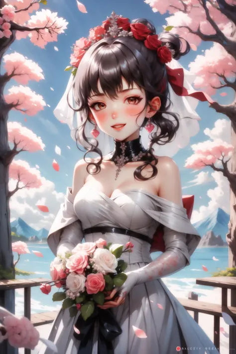 masterpiece, best quality, nikkeSakura, hair ornament, wedding dress, looking at viewer, bridal veil, smile, cherry blossoms <lora:sakura-nvwls-v2-000010:0.8>