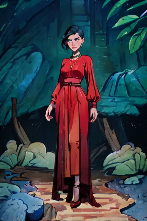 <lora:crayonpainting:1.0> painting, traditional media, woman with Sky Slicked-Back Undercut with Taper Fade, wearing Formal: Floor-length gown, statement necklace, and strappy heels., Hidden Passage behind a Waterfall, masterpiece, 8k, high resolution, shallow depth of field, sharp focus