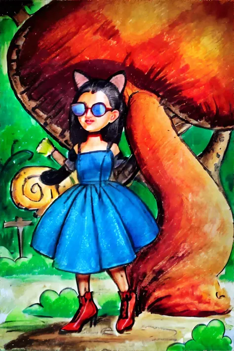 <lora:crayonpainting:1.0> painting, traditional media, woman with Denim Sleek High Ponytail, wearing Casual Vintage: A-line dress, cat-eye sunglasses, and retro pumps., Enchanted Treehouse among Giant Mushrooms, masterpiece, 8k, high resolution, shallow depth of field, sharp focus