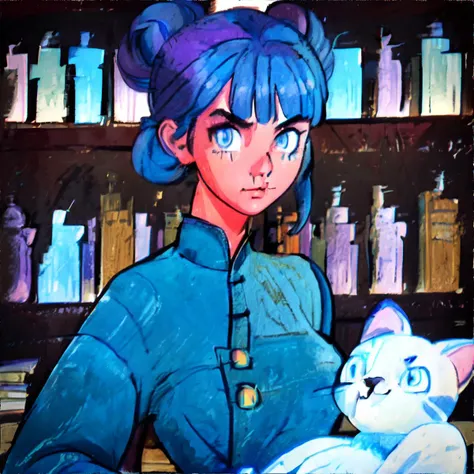 <lora:crayonpainting:1.0> painting, traditional media, woman with Baby blue Bohemian Half-Updo with Flower Messy Bun with Wispy Side Bangs, wearing Casual Vintage: A-line dress, cat-eye sunglasses, and retro pumps., Enchanted Bookshelves in a Library Tower, masterpiece, 8k, high resolution, shallow depth of field, sharp focus