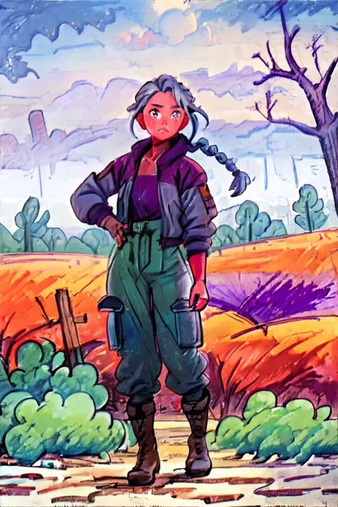 <lora:crayonpainting:1.0> painting, traditional media, woman with Silver Gray Ombre Twisted Braid, wearing Adventure Traveler: Cargo pants, utility jacket, and hiking boots., Sunny vineyard with rows of grapevines and rolling hills, masterpiece, 8k, high resolution, shallow depth of field, sharp focus