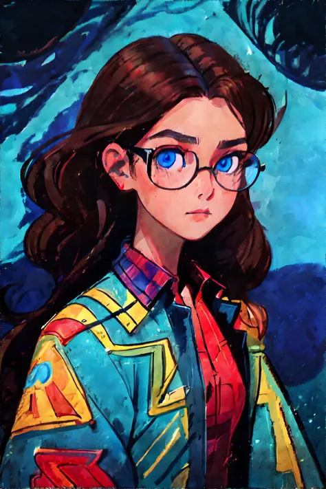 <lora:crayonpainting:1.0> painting, traditional media, woman with curly brown hair, blue eyes, wearing glasses and flannel shirt, Cosmic Stargate in a Celestial Dimension, masterpiece, 8k, high resolution, shallow depth of field, sharp focus