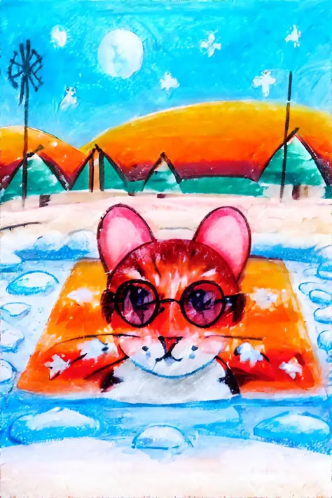 <lora:crayonpainting:1.0> painting, traditional media, woman with Cherry Messy Side Swept Hair with, wearing Retro Pool Party: One-piece swimsuit, cover-up, and cat-eye sunglasses., Snowy winter wonderland with snow-covered trees and a cozy cabin, masterpiece, 8k, high resolution, shallow depth of field, sharp focus