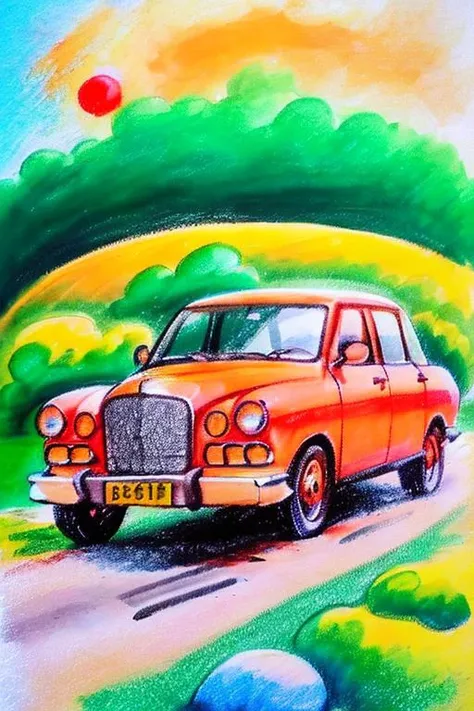 painting, traditional media, <lora:crayon-v1.1:1>, a car, road, moutain, sun, no human,