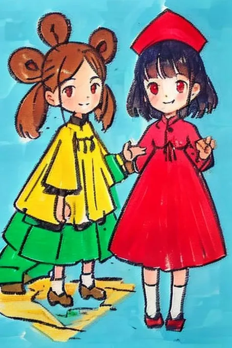 painting, traditional media, <lora:crayon-v1.1:1>, 2girls, smile, dress, simple background,