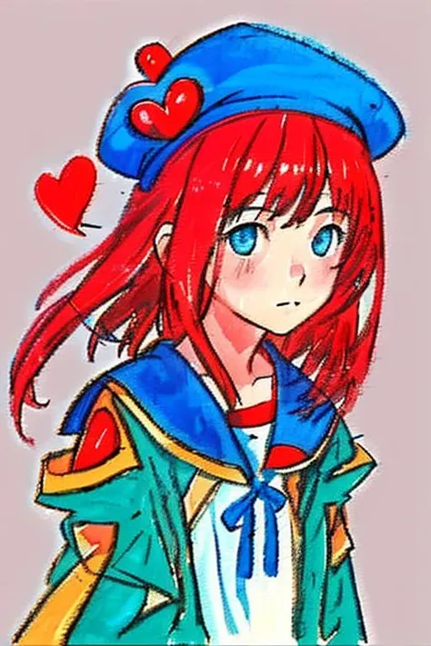 painting, traditional media, <lora:crayon-v1.1:0.9>, 1girl, heart, sweet, hat, solo, simple background,