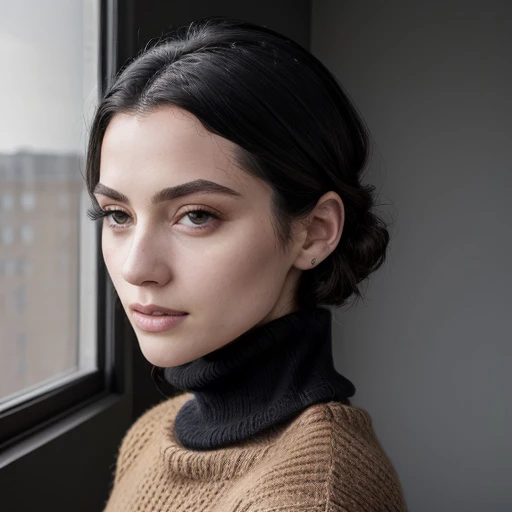 <lora:draculangelica_sd15_512_128_64_v1:1> 1girl solo looking at viewer wearing a turtleneck sweater epiCRealism