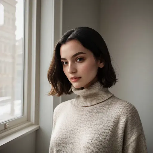 <lora:draculangelica_sd15_512_128_64_v1:1> 1girl solo looking at viewer  wearing a turtleneck sweater  epiCRealism