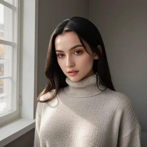 <lora:draculangelica_sd15_512_128_64_v1:1> 1girl solo looking at viewer  wearing a turtleneck sweater  epiCRealism