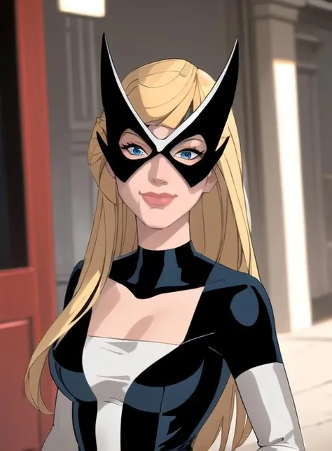 best quality, (masterpiece),(ultra-detailed), (high quality), (high resolution), <lora:mockingbird:0.7>,blonde hair, blue eyes, bodysuit, breasts out, choker, collarbone, domino mask, lips, lipstick, long hair, mask, mockingbird, smile, solo, white background,domino mask,