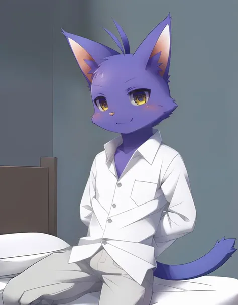 (((detailed eyes, detailed face))), (furry, shin <lora:character_shin_findigo_v3:1>, purple hair, ahoge, antenna hair, cat, yellow eyes), male, (solo), (plump), (white shirt, grey pants), sitting, (arms behind back), smile BREAK (konzaburou, ukan_muri, cute), bedroom, (flat shading, flat color, high brightness), 8k, UHD, masterpiece, (full body)