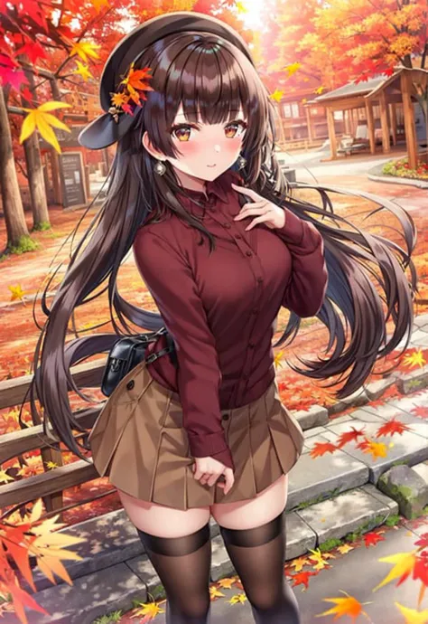 1girl, mayuzumi fuyuko, solo, thighhighs, black hair, skirt, hat, bangs, ginkgo leaf, long hair, looking at viewer, leaf, brown skirt, earrings, jewelry, shirt, autumn, blush, brown thighhighs, black shirt, long sleeves, black footwear, high heels, brown eyes, beret, blunt bangs, black headwear, autumn leaves, (masterpiece,best quality)